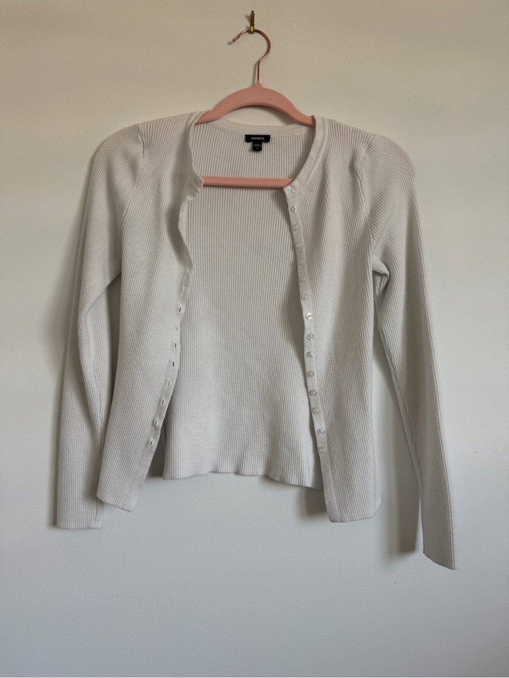 Express White Ribbed Fitted Button-Front Cardigan - Picture 3 of 6